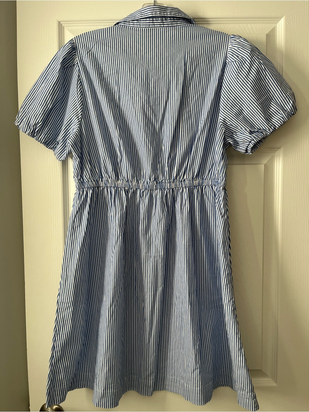 J. Crew Blue and White Striped Puff-Sleeve Shirt Dress with Drawstring - Picture 6 of 11